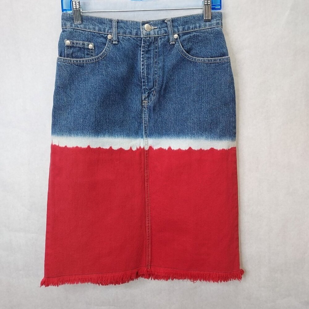 PARIS BLUES Jean Skirt Women 8 Denim Red White Blue Ombre Raw Hem Rodeo Western